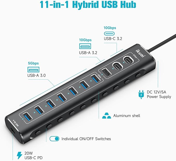 Powered USB Hub 11-Port ikuai Hybrid USB 3.2/ USB C Hub with PD Charging Port and 60W Power Adapter Aluminum USB Splitter Including 3 10Gbps Ports and 7 USB 3.0 Ports for PC Laptop and More