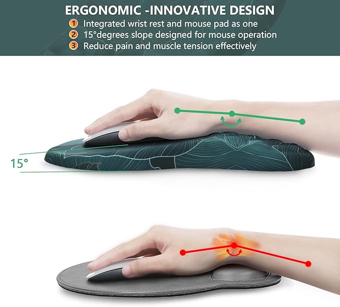 Mouse Pad Wrist Support Ergonomic Mouse Pad with Wrist Rest Comfortable Computer Mouse Pad for Laptop Pain Relief Mousepad with Non-Slip PU Base Banana Leaf Green