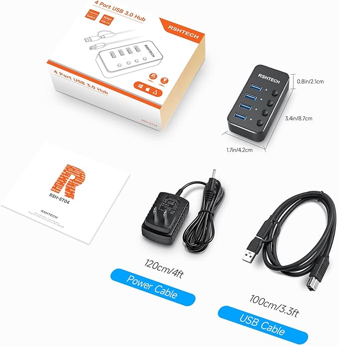 RSHTECH 4 Port Powered USB 3.0/USB C Hub Upgraded Version with 2-in-1 3.3ft USB Cable5V Power Adapter and Individual Switches Portable Aluminum USB Splitter for Laptop and PC RSH-ST04 (Pack of 2)