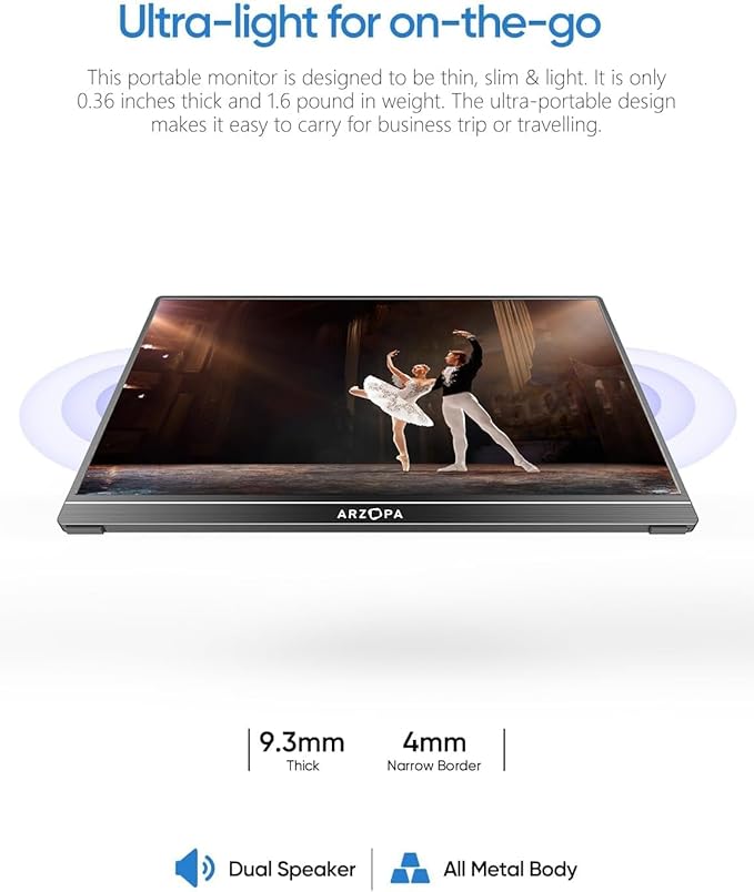 ARZOPA Portable Monitor 15.6'' FHD 1080P - Ultra-Slim Portable Laptop Monitor with Kickstand - IPS Display for PC MAC Phone Xbox PS5 - USB C &amp HDMI Connectivity - A1