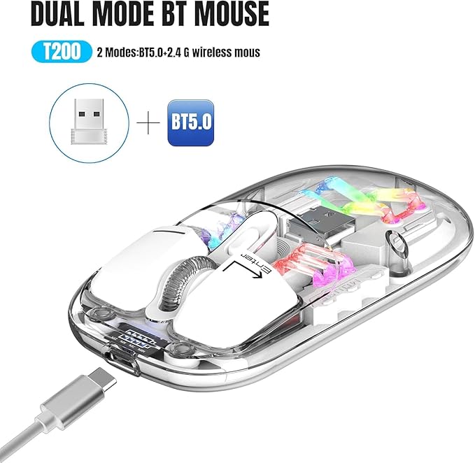 Sahara - Wireless Mouse | Transparent Shell LED Lights | Rechargable Battery | USB &amp Type C Adapter | Glacier Pro Series | Clear