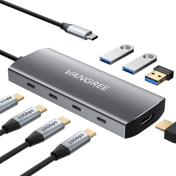 VANGREE USB C Hub 3 USB 3.2 Gen 2 Ports with 10Gbps 4K@60Hz HDMI 100W Power Delivery 3 USB-A 3.0 Ports USB C Splitter Multiport Adapter Extender for MacBook Pro/Air iPad Pro Mac mini and More