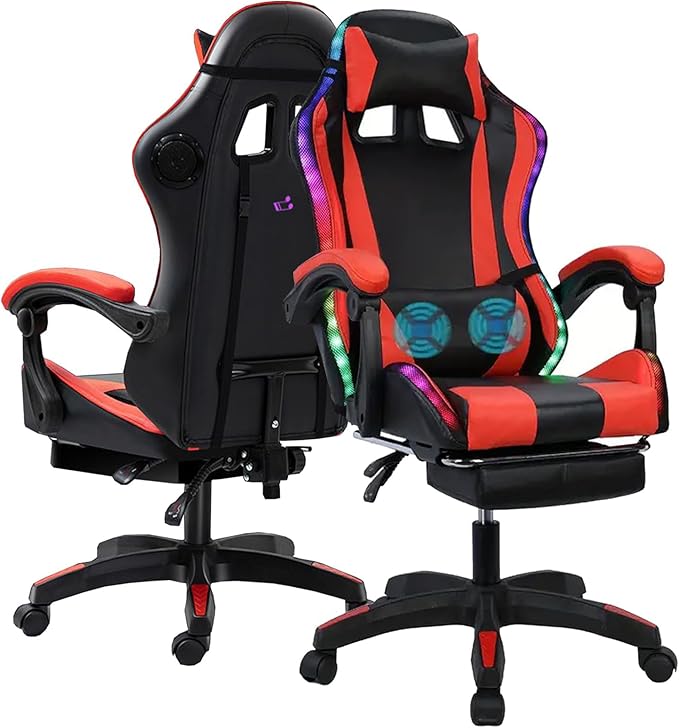 Gaming Chair Computer Chair with Footrest and Massage Lumbar Support Racing Executive Ergonomic Adjustable Swivel Task Chairs with Headrest and Lumbar Support Black &amp Red