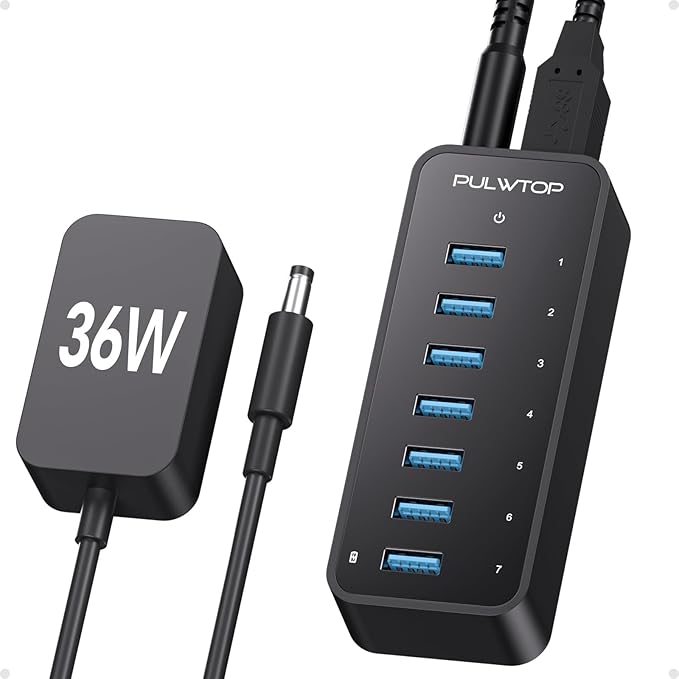 USB 3.0 Hub 7Ports USB Hub with 1BC1.2 Ports Multi USB Data Hub Compatible with Mac Laptops Desktop All USB Devices Mobile and HDD USB 3.0 Splitter (36W Adapter Included)