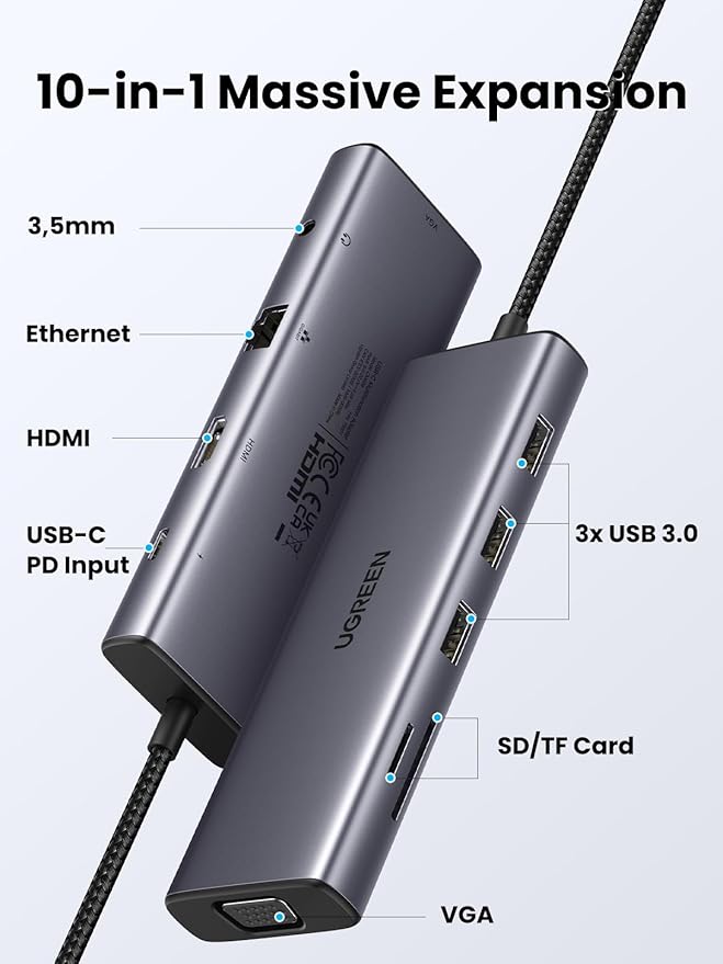 UGREEN USB C Hub USB-C 10-in-1 Dongle with Dual Monitor 4K HDMI and VGA 1Gbps Ethernet 100W PD 3 USB 3.0 Ports 3.5mm Audio Jack SD/TF Card Slots Multi Adapter