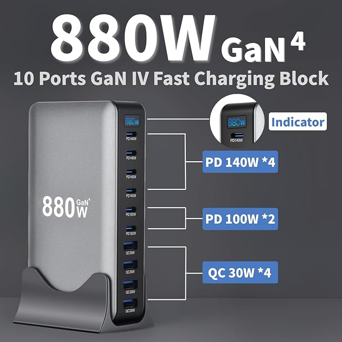 880W USB C Fast Charger Block 10 Ports GaN IV Pro USB Chagring Station 140W PD QC HUB for Multiple Devices Laptop Adapter Compatible with MacBook Pro/Air iPad iPhone Pro Max Galaxy Dell HP