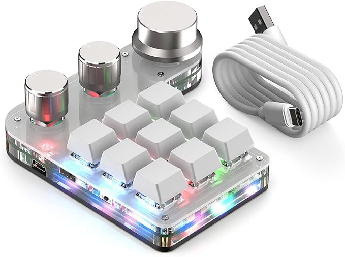 Yoidesu 9 Keys One Handed Mechanical Gaming Keyboard Mini Keypad Programmable Macro Keyboard with 3 Knobs USB Shortcut Multifunction Keyboard for PC Computer Gaming (White)