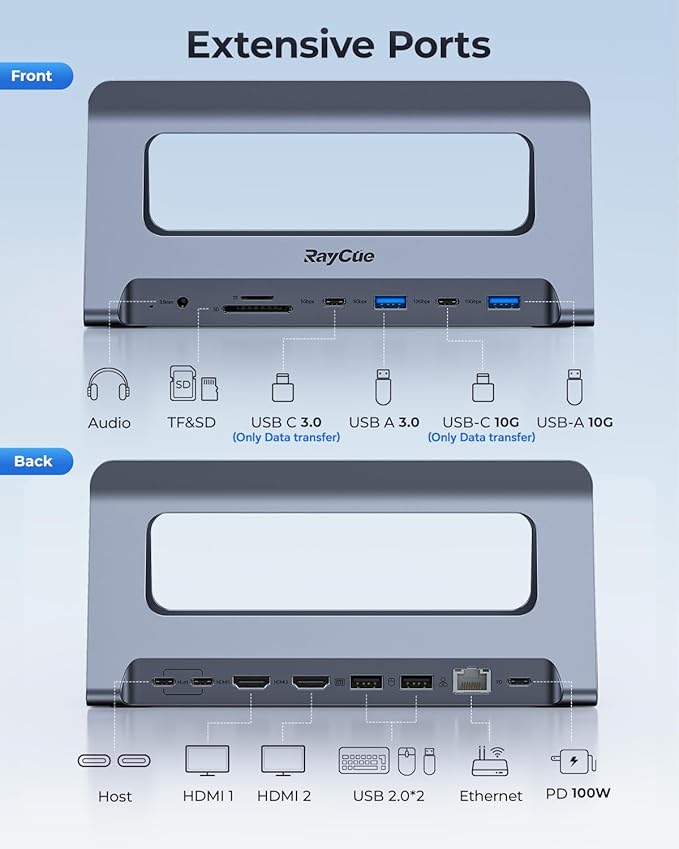 RayCue USB-C Docking Station for MacBook Pro/Air Dual HDMI USB-C Dock with 10Gbps PD3.0 RJ45 2xUSB 3.0 2xUSB 2.0 SD/TF Audio