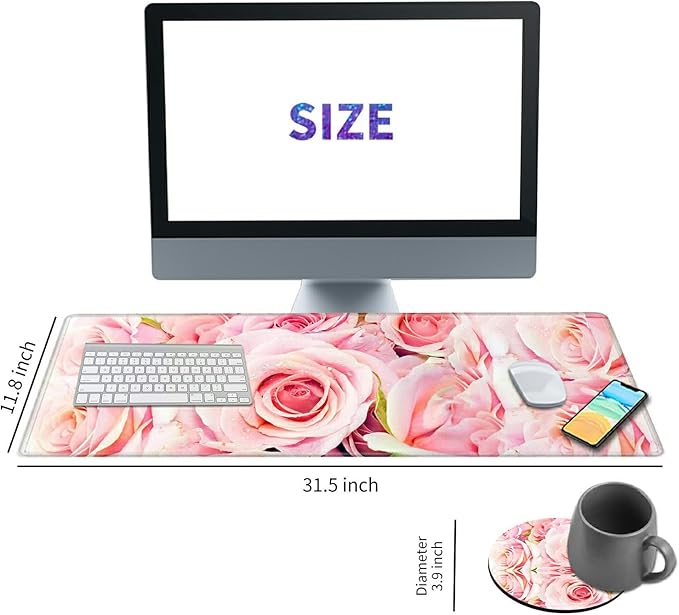 Desk Pad Mat Large Mouse Pad XL Extended Mousepad Gaming with Pink Rose 31.5 *11.8 Huge Mouse Pads for Computer Laptop Home Office + Cup Coaster