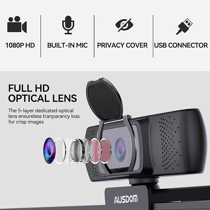 AUSDOM AF640 1080P Webcam with Microphone 90°FOV USB PC Camera Webcam with Privacy Cover Plug and Play Computer Camera for Online Calling/Conferencing Zoom/Skype/YouTube Laptop/PC