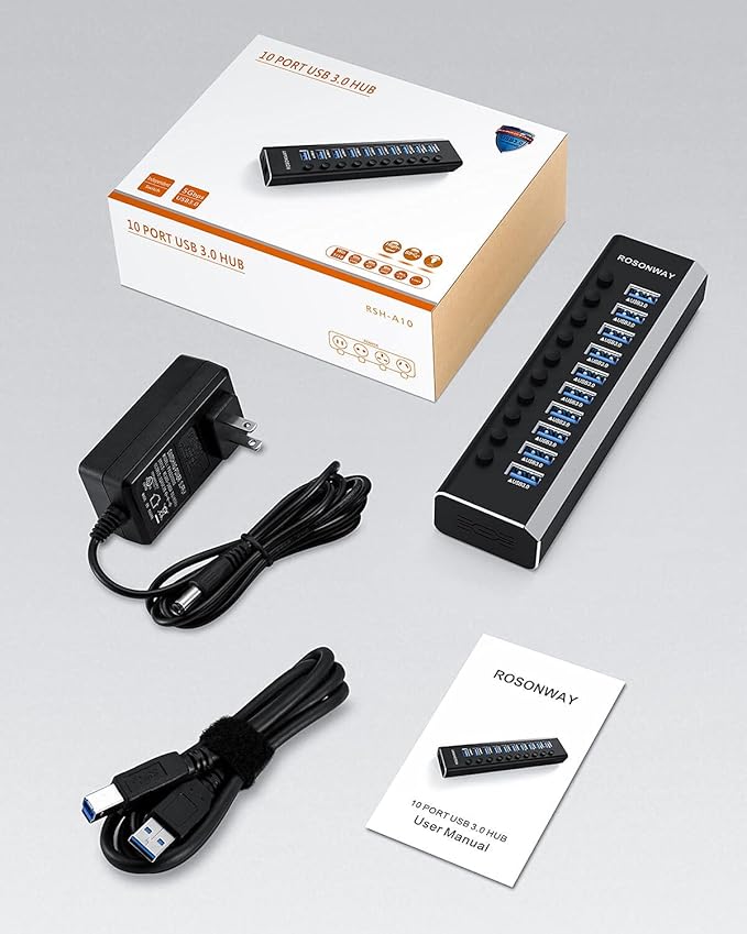 Powered USB Hub Rosonway Aluminum 10 Port USB 3.0 Data Hub with 36W (12V/3A) Power Adapter and Individual On/Off Switches USB Splitter(RSH-A10) (Pack of 2)