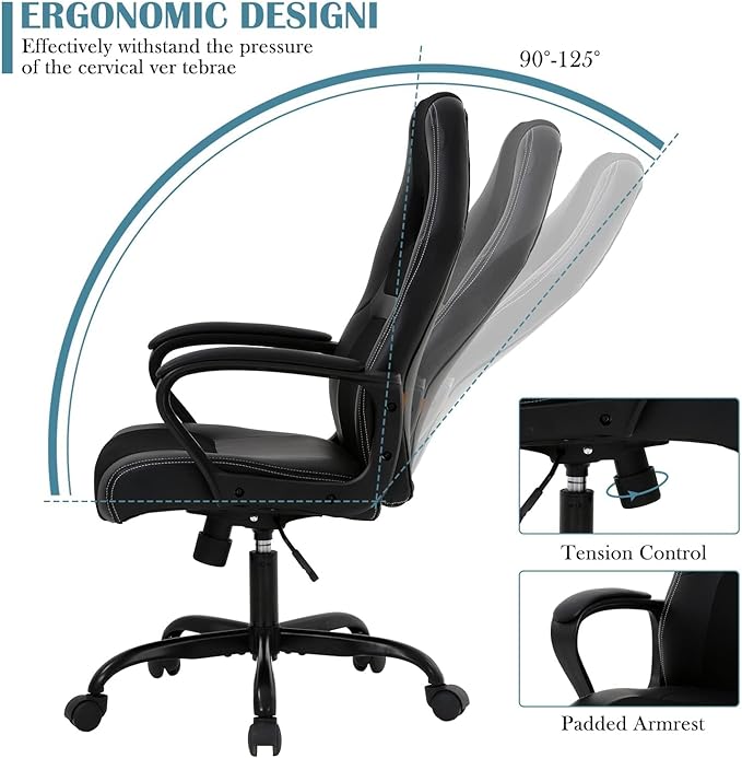 Executive PC Gaming Chair with Lumbar Support &amp Headrest - Ergonomic Leather Racer Task Chair for Home Office Gaming Room - Heavy Duty &amp Comfortable (Black)