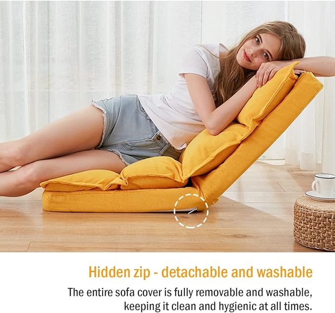 YCKEGEW Luxury Padded Floor Chair with Back Support Adjustable 5-Position Floor Seat for Teens AdultsBedroom Lounge Chair Convertible Chair Bed (Color : Yellow+Black)