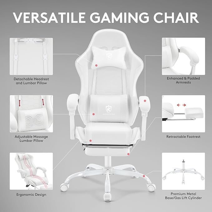 White Gaming ChairComputer Office Chair with FootrestMassage Lumbar Support and Gel PadErgonomic Reclining Adjustable Leather Gamer Chair with Headrest and Spring Cushion White