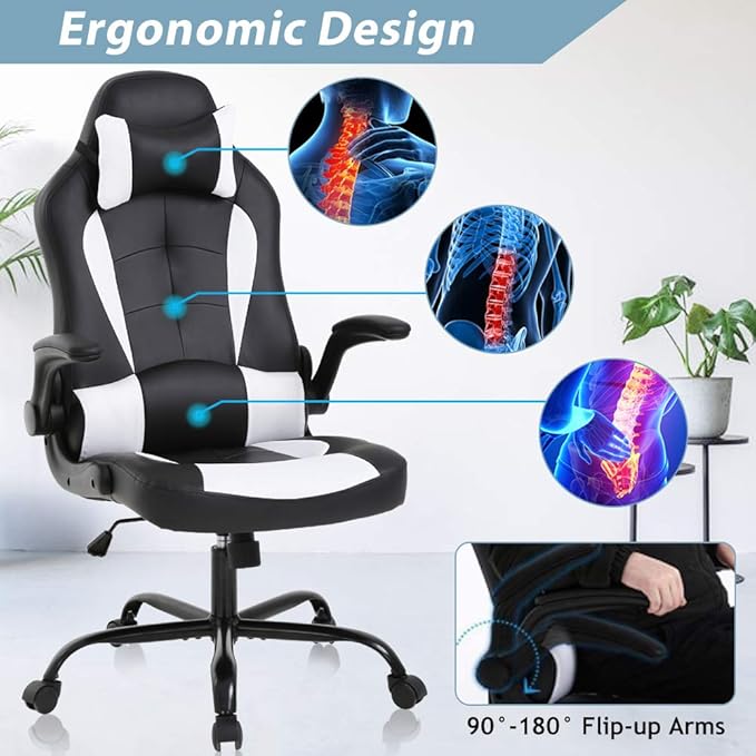 Gaming Chair Racing Ergonomic Racing Chair High Back PC Computer Gaming Chairs with Headrest Lumbar Support &amp Flip-up Arms PU Leather Adjustable Height Swivel White