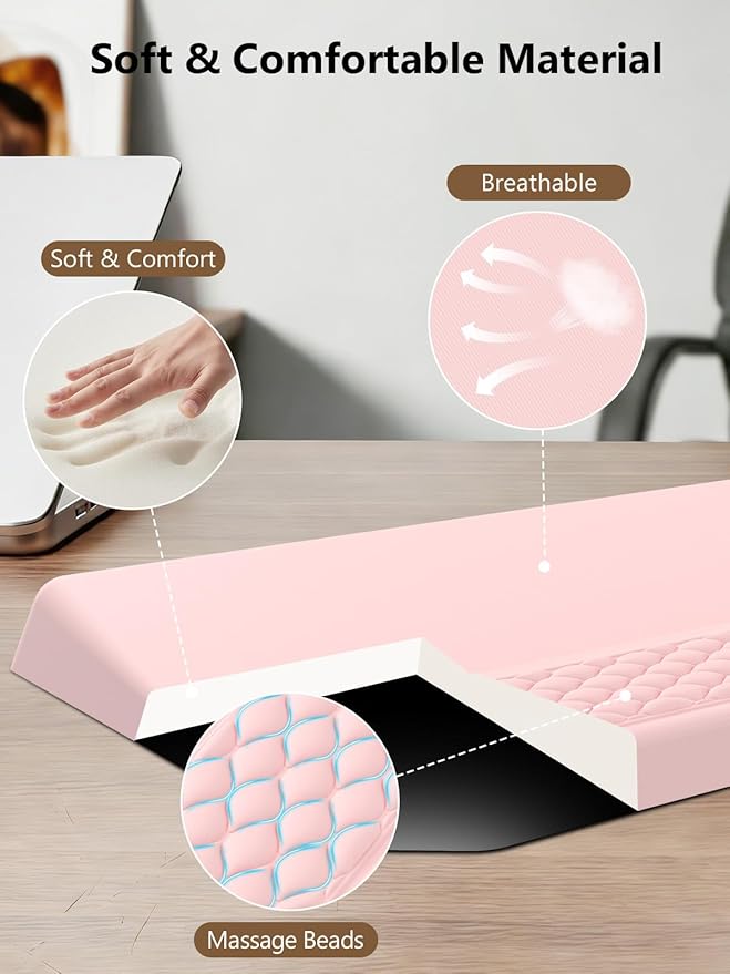 2-in-1 Ergonomic Keyboard Stand with Wrist Rest Comfy Keyboard Riser Holder with Massage Design Pink