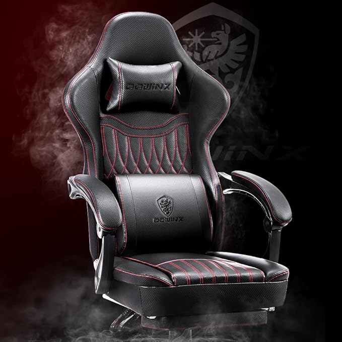 Dowinx LS-665TE7A Gaming Chair Breathable PU Leather Gamer Chair with Pocket Spring Cushion Ergonomic Computer Chair with Massage Lumbar SupportAdjustable Swivel Task Chair with Footrest