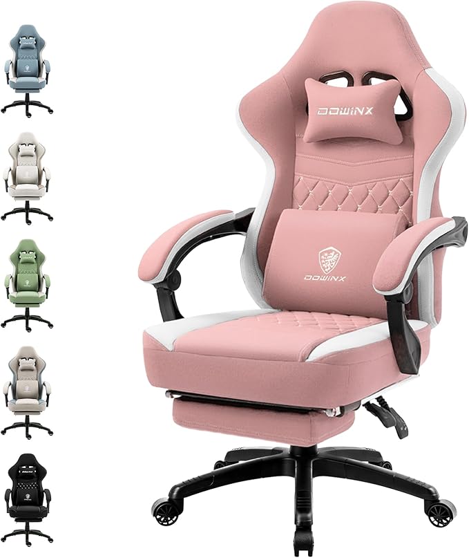 Dowinx Gaming Chair Breathable Fabric Game Chair with Gel Pad and Storage Bag Comfortable Gamer Chair with Pocket Spring CushionErgonomic Computer Chair with FootrestPink