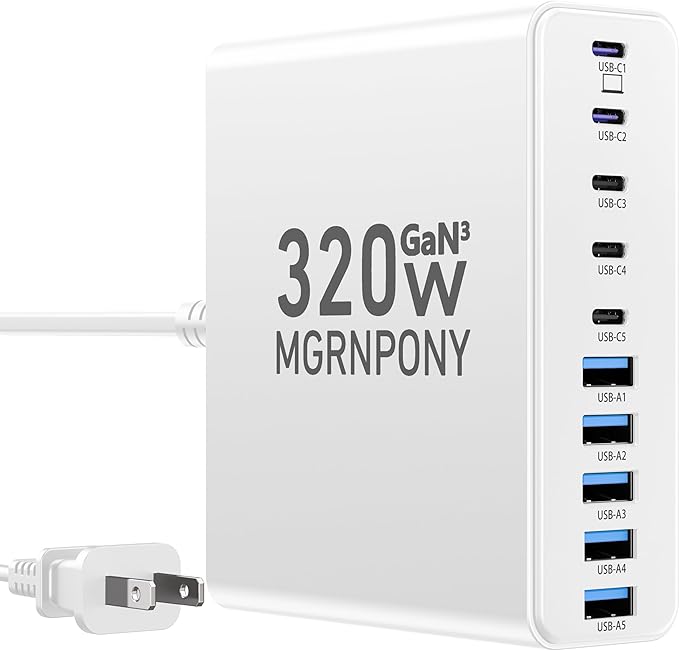 320W USB C Charger Block 10-Port USB C Charging Station GaN III PD 65W Laptop Fast Charger Adapter for MacBook Pro/Air DELL iPad iPhone Samsung Galaxy White