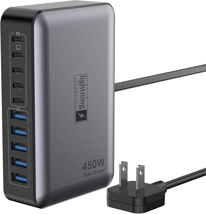 USB C Charger Block 10 Ports 450W USB Charging Station for Multiple Devices 5 Type C + 5 USB A GaN PD Charger Hub Compact Power Brick Super Fast Charging for MacBook Ipad iPhone Samsung