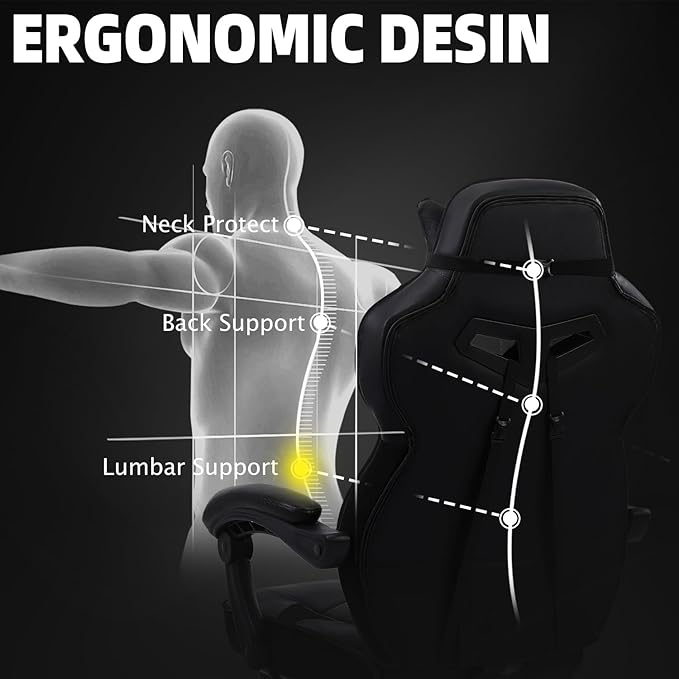 Vonesse Gaming Chair High Back Office Chair with Footrest and Massage Gaming Chairs for Adults with Pocket Spring Cushion Big and Tall Reclining Computer Chair with Lumbar Support (Classic Black)