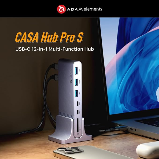 ADAM elements HUB Pro S 12-in-1 USB-C Hub Triple Display Docking Station with Dual 4K HDMI VGA 100W PD Fast Charge Ethernet SD/TF for MacBook Pro/Air M4/M3/M2/M1 iPad Windows Laptop