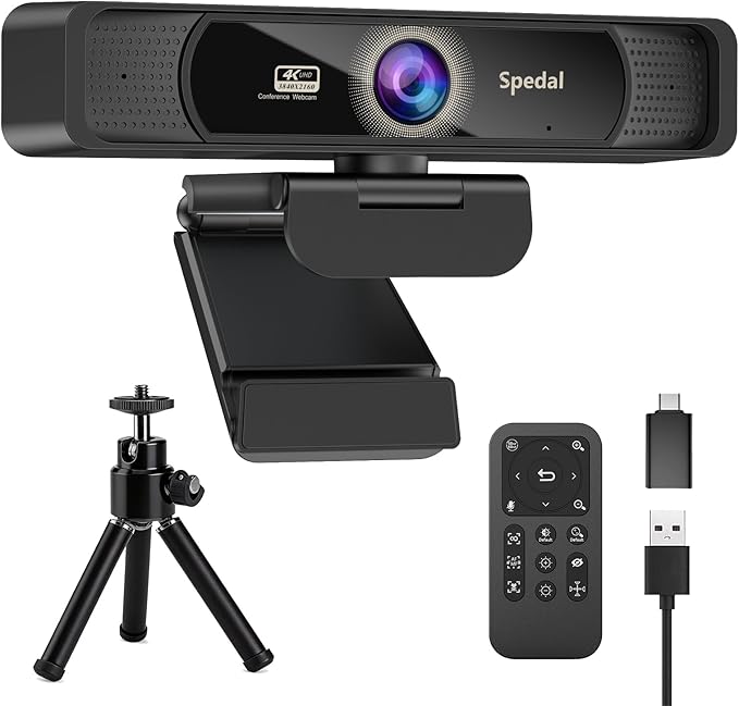 Spedal 4K Webcam with Tripod Wide Angle 120° USB Webcam Sony 1/2.8 Sensor Dual Microphones Remote Control Auto Focus for Video Conferencing Online Meetings Streaming Zoom &amp Teams