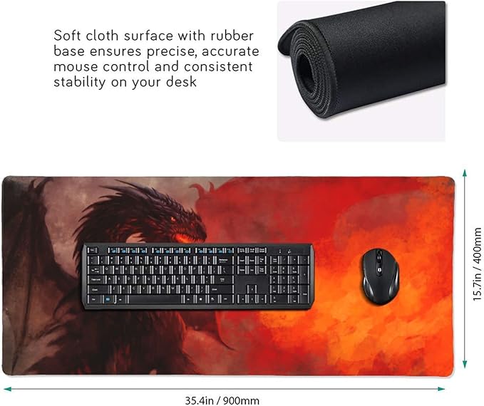 Dragon Large Mouse Pad Gaming Mousepad with Wrist Support Rubber Computer Keyboard Mat for Desk Laptop Non-Slip Full Deskmat Protector Waterproof Writing Pad Office Home 16x35.5 in