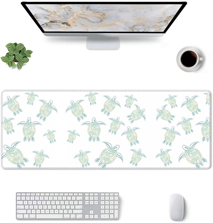 Sea Turtles Pattern White Green Nautical Large Mouse Pad 31.5x12 Inch Gaming Desk Mat XXL Non-Slip Rubber Base Computer Pad with Durable Stitched Edges for Work and Play
