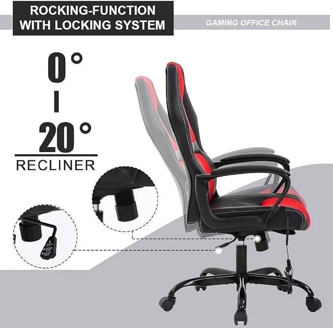 Racing Gaming Chair Ergonomic Video Game Chair with Massage Lumbar Support Headrest Armrest High-Back Adjustable PU Leather Rolling Swivel Computer Desk Chair for Home Office (Red)