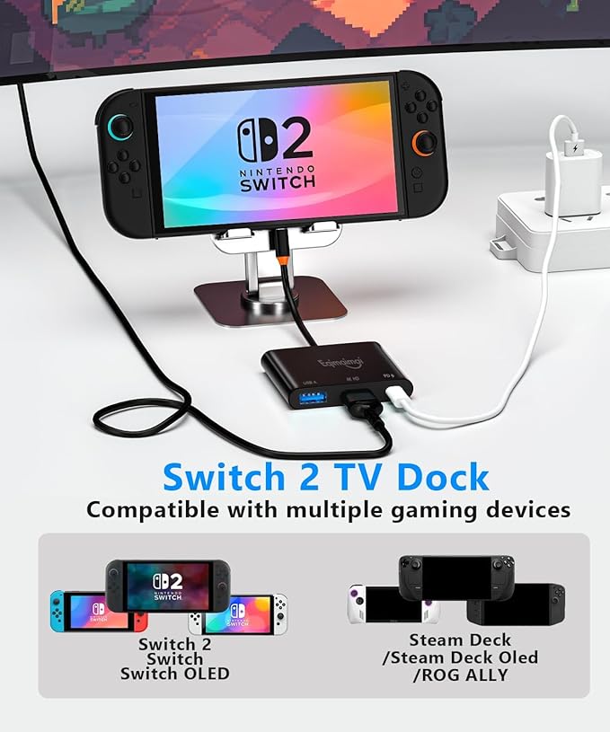 Switch 2 Dock Compatible for Nintendo Switch 2 V21 Docking Station with HDMI 2.1 100w PD PortUSB-A Converter Portable Steam Deck Compatible with NS1/2MacMacBookLaptops (Black)