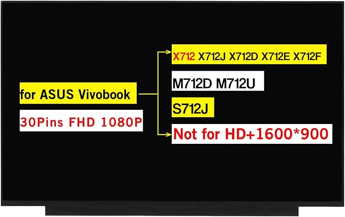 17.3 Replacement for ASUS Vivobook X712 X712J X712D X712E X712F/ M712D M712U / S712J FHD 1920x1080 30 Pins Non-Touch Screen LCD Display Panel (Not for HD+ 1600 * 900)