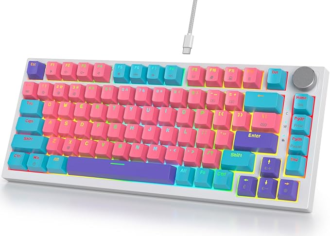 Fogruaden Wired Hot Swappable 75% Percent Mechanical Keyboard Red Switch TKL Pink Mechanical Keyboard Gasket Mount RGB Backlit Compact Gaming Keyboards with Volume Knob(Pink)
