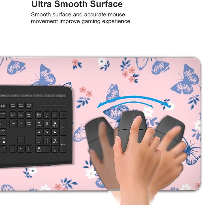 Pink Butterfly Large Mouse Pad Gaming Mousepad with Wrist Support Rubber Computer Keyboard Mat for Desk Laptop Non-Slip Full Deskmat Protector Waterproof Writing Pad Office Home 16x35.5 in