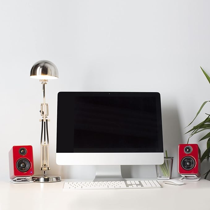 Kanto YU2GR PC Gaming Desktop Speakers | 3 Composite Drivers | 3/4 Silk Dome Tweeter | Class D Amplifier | 100 Watts | Built-in USB DAC | Subwoofer Output | Pair | Gloss Red