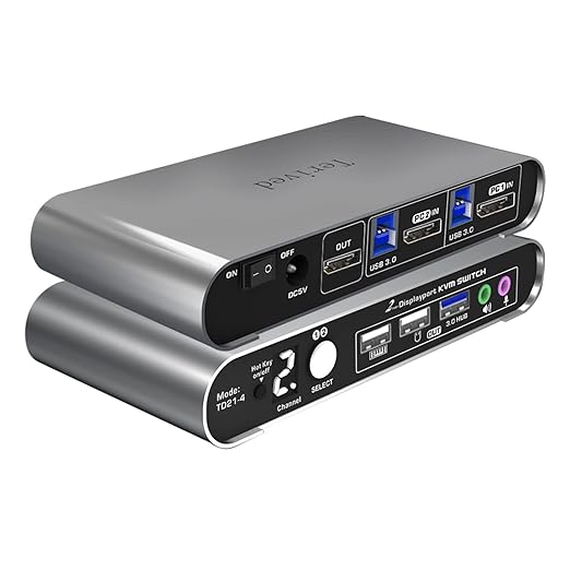 2 Port DP USB 3.0 Automatic KVM Switch Two Computers 1 DisplayPort Monitor switcher 8K@30Hz 4K@144Hz Aluminum hotkey Audio mic Digital Display HDR10 with Cables