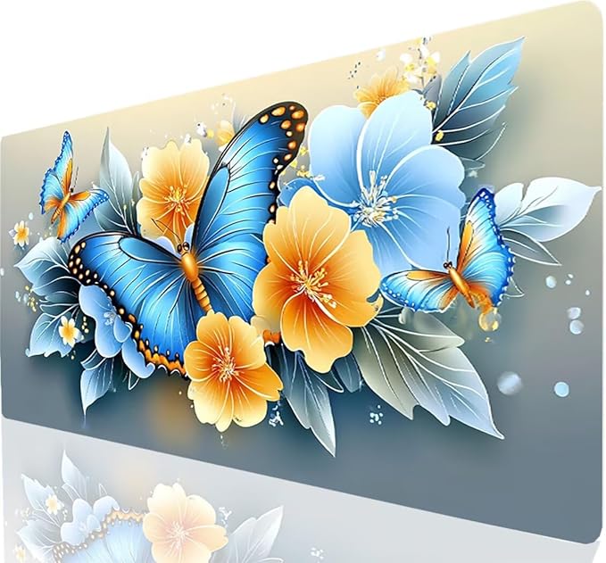 Large Mouse Pad Butterfly Desk Mat Blue Office Gaming Mouse Pad with Stitched Edges 40x20in Extended Mousepad with Non-Slip Waterproof Rubber Base for PC Laptop Desk Home Office Accessories a-1438