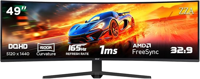 ZZA 49 Inch Curved Monitor 32:9 Dual QHD 5120x1440 Ultrawide Curved Monitor 120Hz with 1500R Curvature 120% sRGB Height Adjustable Stand HDMI 2.1 &amp DisplayPort 1.4