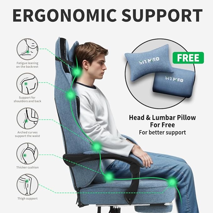 Gaming Chair Video Gaming Chairs for Adults Fabric Comfortable Computer Chair with Footrest Pocket Spring Cushion High Back Ergonomic Gamer Chair with 360° Swivel Seat for Office (Blue)