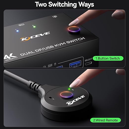 8K Displayport KVM Switch 2 Monitors 2 Computers 8K@30Hz 4K@144HzMLEEDA Dual Monitor KVM Switches with 4 USB 3.0 Ports for Keyboard Mouse USB PeripheralsWired Remote and 2 USB Cables Included