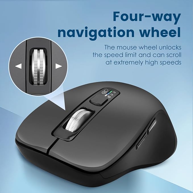 Wireless Bluetooth Mouse (USB + BT1 + BT2) Full Size Mouse 4-Way Scrolling Multi-Device Silent for Computer Laptop iPad MacBook (Grey)