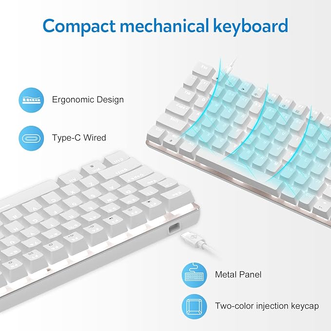 60% Mechanical Gaming KeyboardHot Swappable Compact 82 Keys Wired Mechanical Keyboard with White LED BacklitDetachable Type-C CableErgonomic Designfor Windows PC Gamers(Blue SwitchWhite)