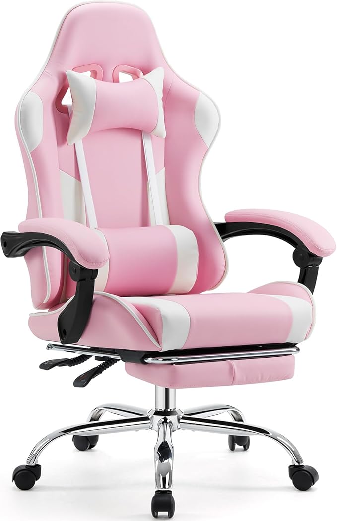 Sweetcrispy Video Game Chair - Ergonomic Lumbar Support Computer Desk with FootrestComfy PU Leather Recliner with Headrest Fixed Up Armrest Height Adjustable with 360° Swivel for Adults Pink