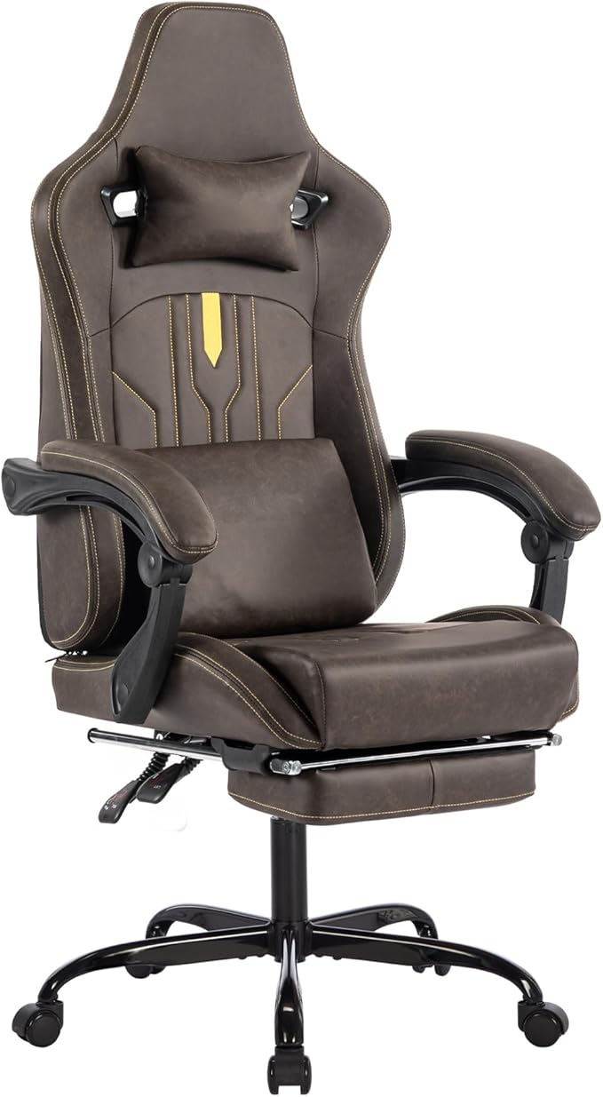 Ergonomic Gaming Chair Racing Style - High Back Gamer Chair with Footrest Adjustable Lumbar Massage Linkage Armrests &amp 90-135° Recline - Leather Computer Game Chair for Adults Brown