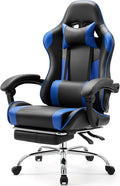 Sweetcrispy Video Game Desk Chair High Back Ergonomic PU Leather Computer Gaming Chair with Adjustable Headrest &amp Footrest Linkage Armrest and Height Adjustable 360° Swivel for Adults Blue