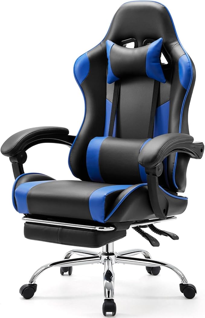 Sweetcrispy Video Game Desk Chair High Back Ergonomic PU Leather Computer Gaming Chair with Adjustable Headrest &amp Footrest Linkage Armrest and Height Adjustable 360° Swivel for Adults Blue