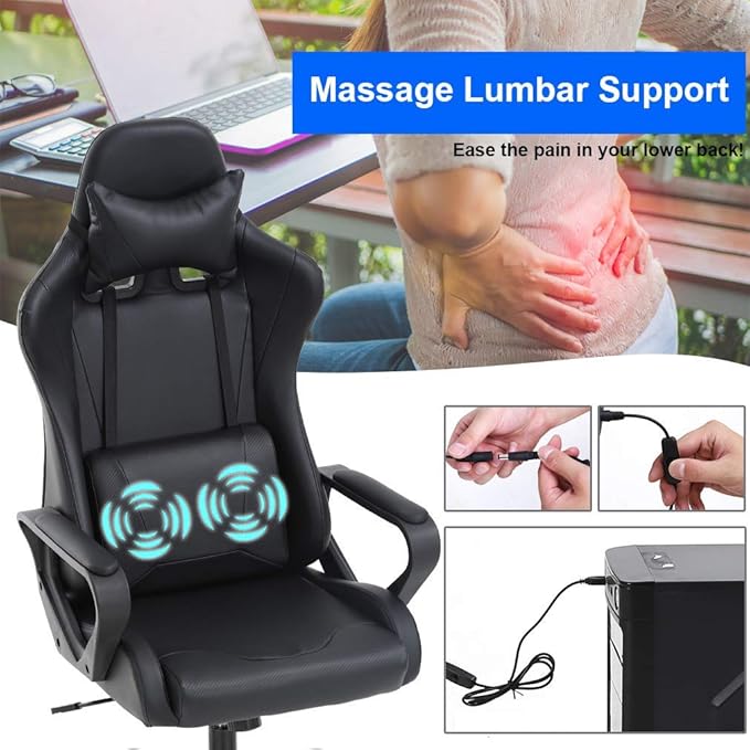 Gaming Chair Ergonomic Office Chair Massage Computer Chair High Back Racing Video Game Chair with Adjustable Armrest and Headrest Lumbar Pillow Swivel Rocking Executive Task Chair Black