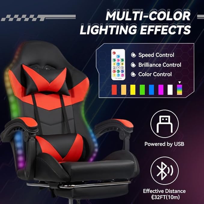 Ergonomic Gaming Chair with RGB Lighting - PU Leather &amp Adjustable Armrests 300lbs+ Capacity Remote Control LED Strips Aluminum Structure Computer Chair for Home Office (Black and Red)