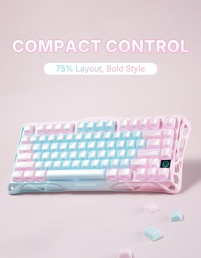 GravaStar Mercury K1 Lite 75% Gaming Keyboard 2.4GHz/BT/Wired Tri-Mode Wireless Keyboard Gasket Hot Swappable Mechanical Keyboard Pre-lubed Linear Switches Jelly Keycaps RGB Backlit (Aurora Mist)