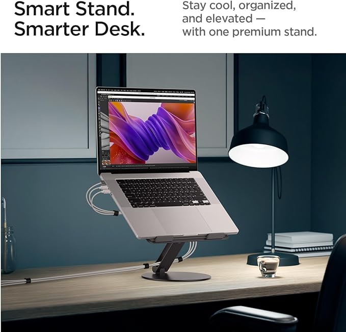 Spigen Adjustable Laptop Desk Stand with Cable Management Organizer Portable Compatible with Mac Dell HP Lenovo and More - Space Gray (LD206C)